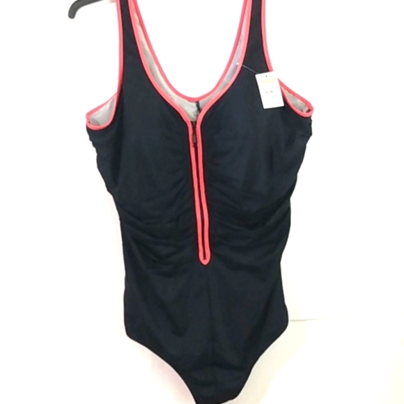 DELIMIRA BLACK & ORANGE RUCHED ZIPPER FRONT ONE PIECE SWIMSUIT SIZE 14 PLUS NWT - Picture 7 of 11